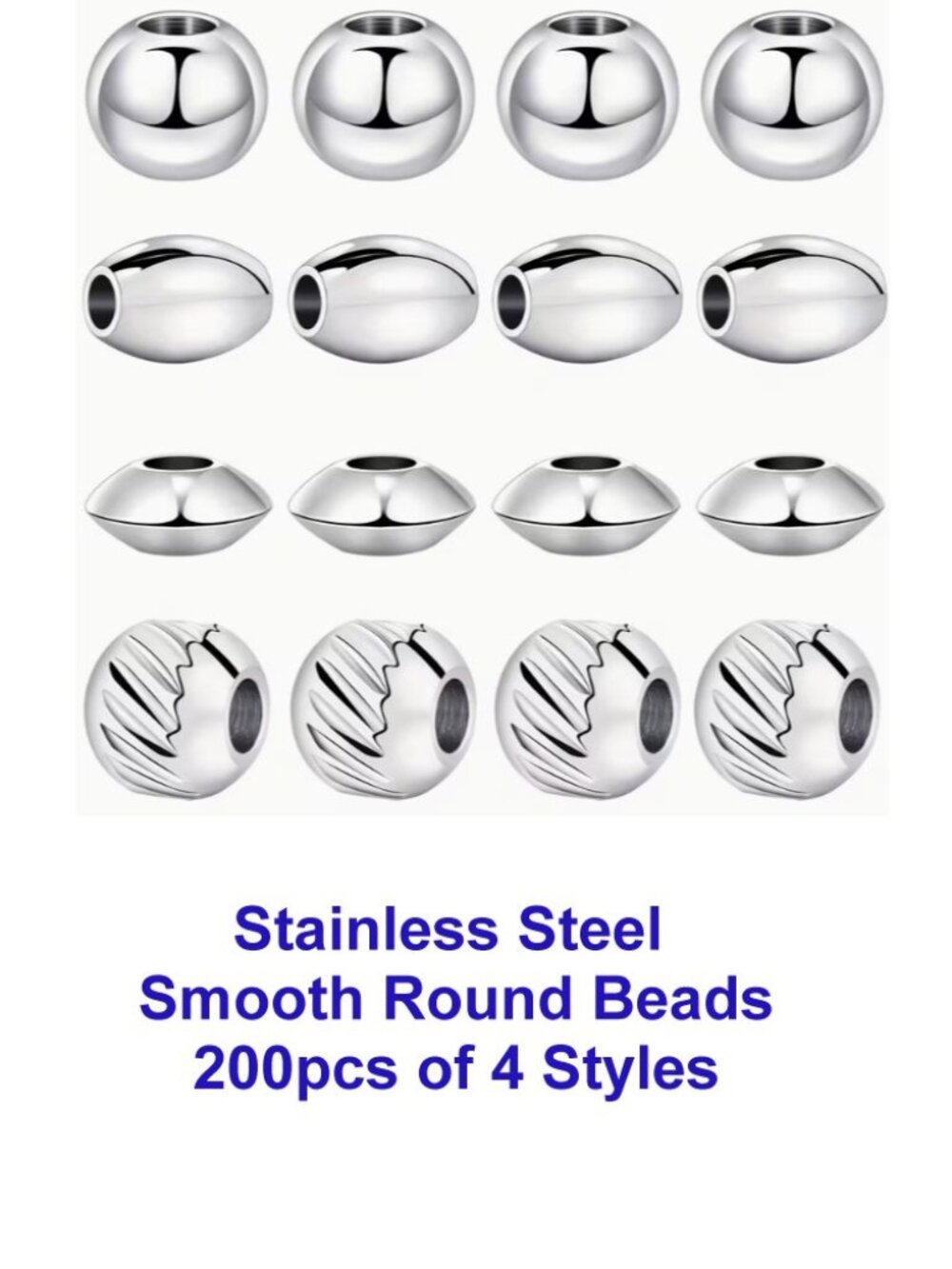 200pcs of 4 Styles of Stainless Steel Smooth Round Beads
